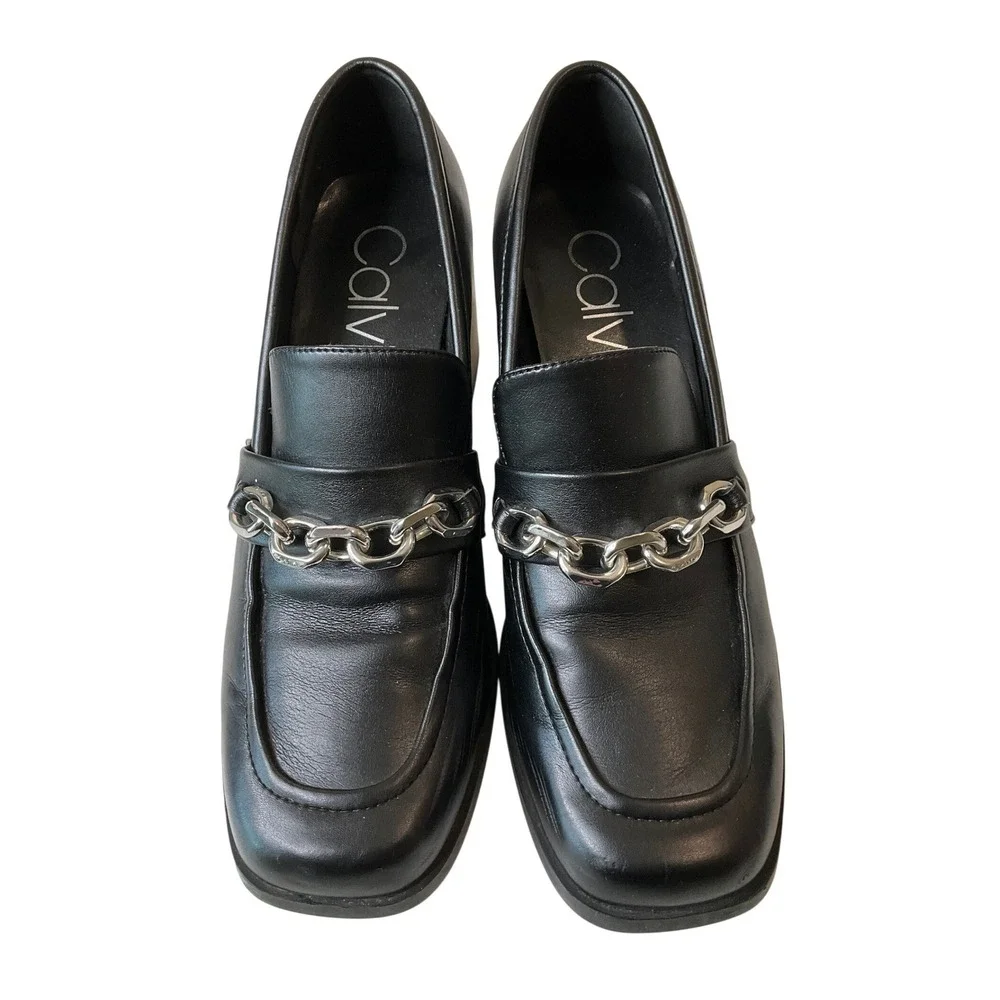 Calvin Klein Venty Chain Platform Pump Loafers Square Toe‎ Academia Y2K Chunky